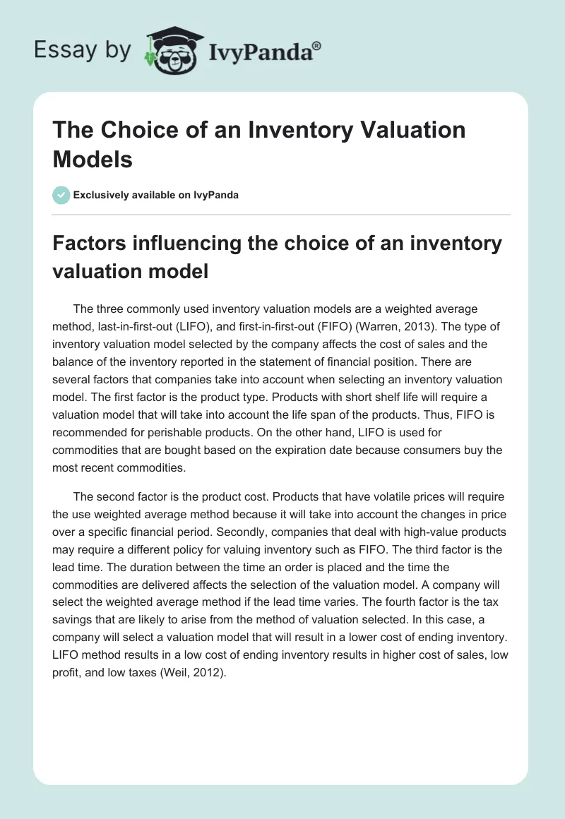 The Choice of an Inventory Valuation Models. Page 1