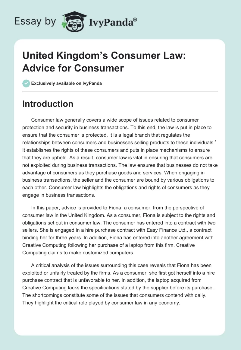 United Kingdom’s Consumer Law: Advice for Consumer. Page 1