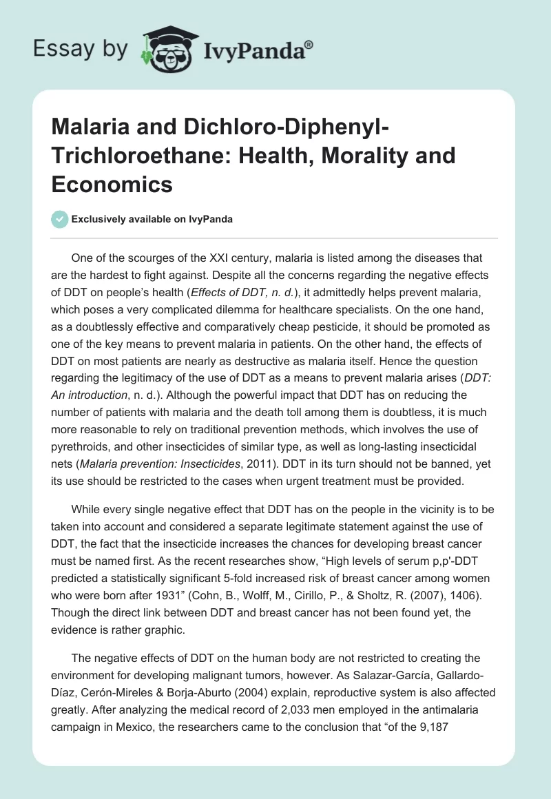 Malaria and Dichloro-Diphenyl-Trichloroethane: Health, Morality and Economics. Page 1