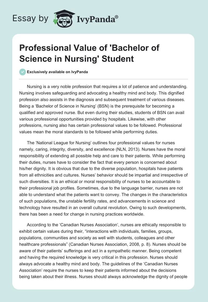 Professional Value of 'Bachelor of Science in Nursing' Student. Page 1
