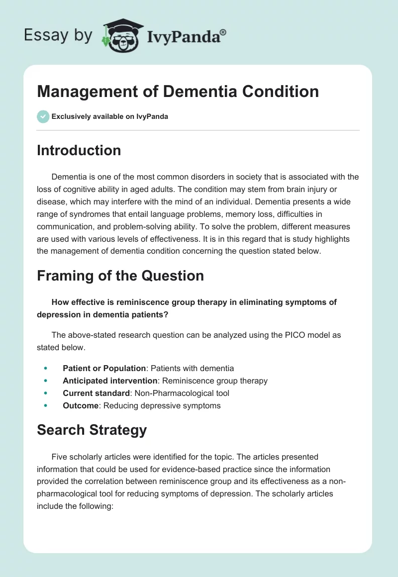 Management of Dementia Condition. Page 1