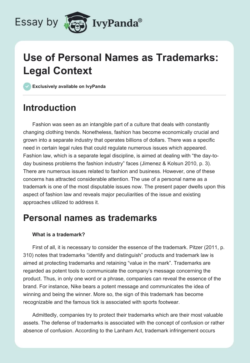 Use of Personal Names as Trademarks: Legal Context. Page 1