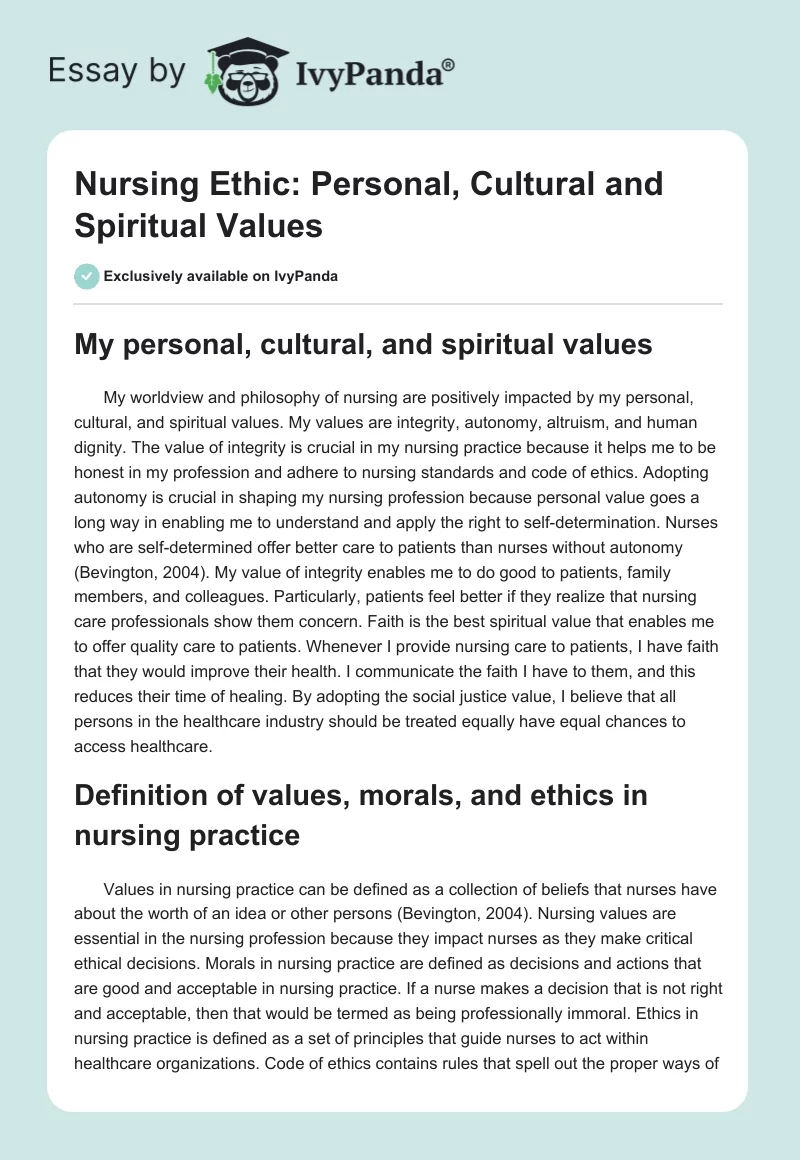 Nursing Ethic: Personal, Cultural and Spiritual Values. Page 1