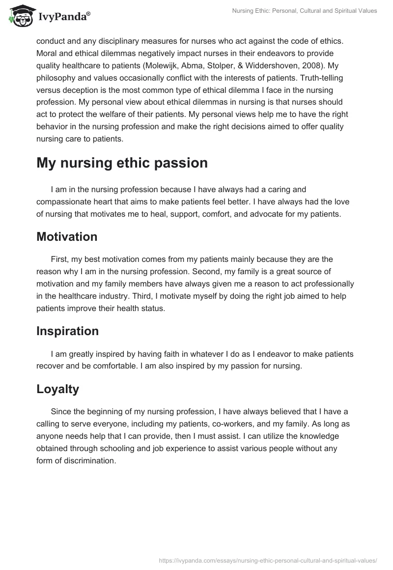 Nursing Ethic: Personal, Cultural and Spiritual Values. Page 2