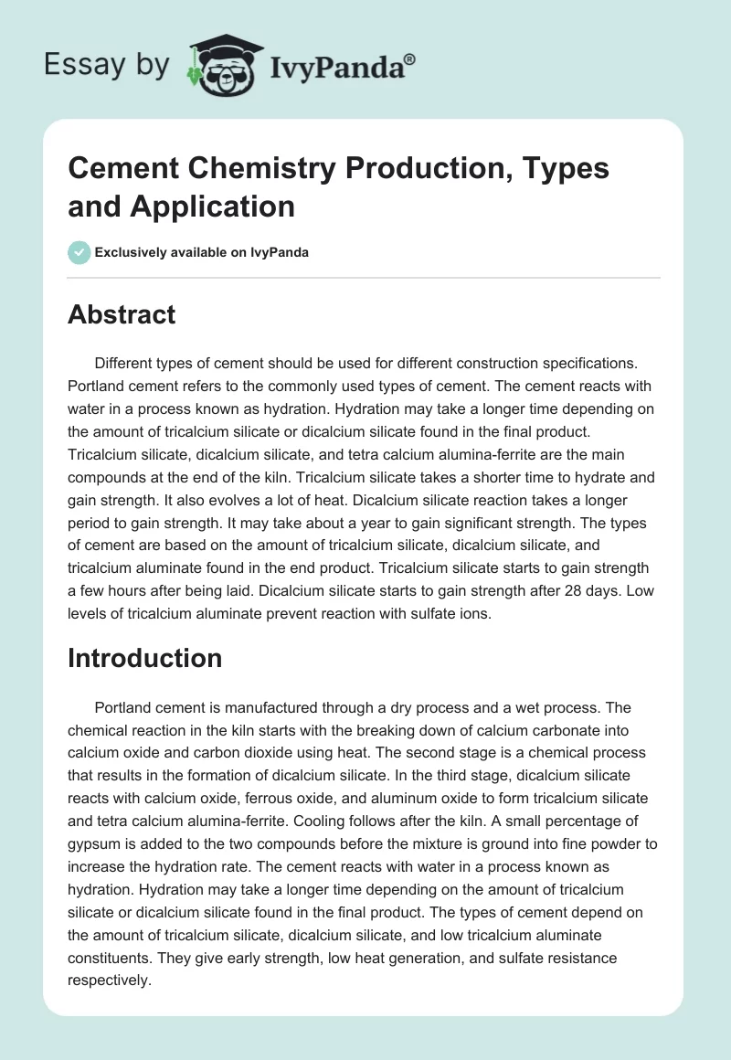 Cement Chemistry Production, Types and Application. Page 1
