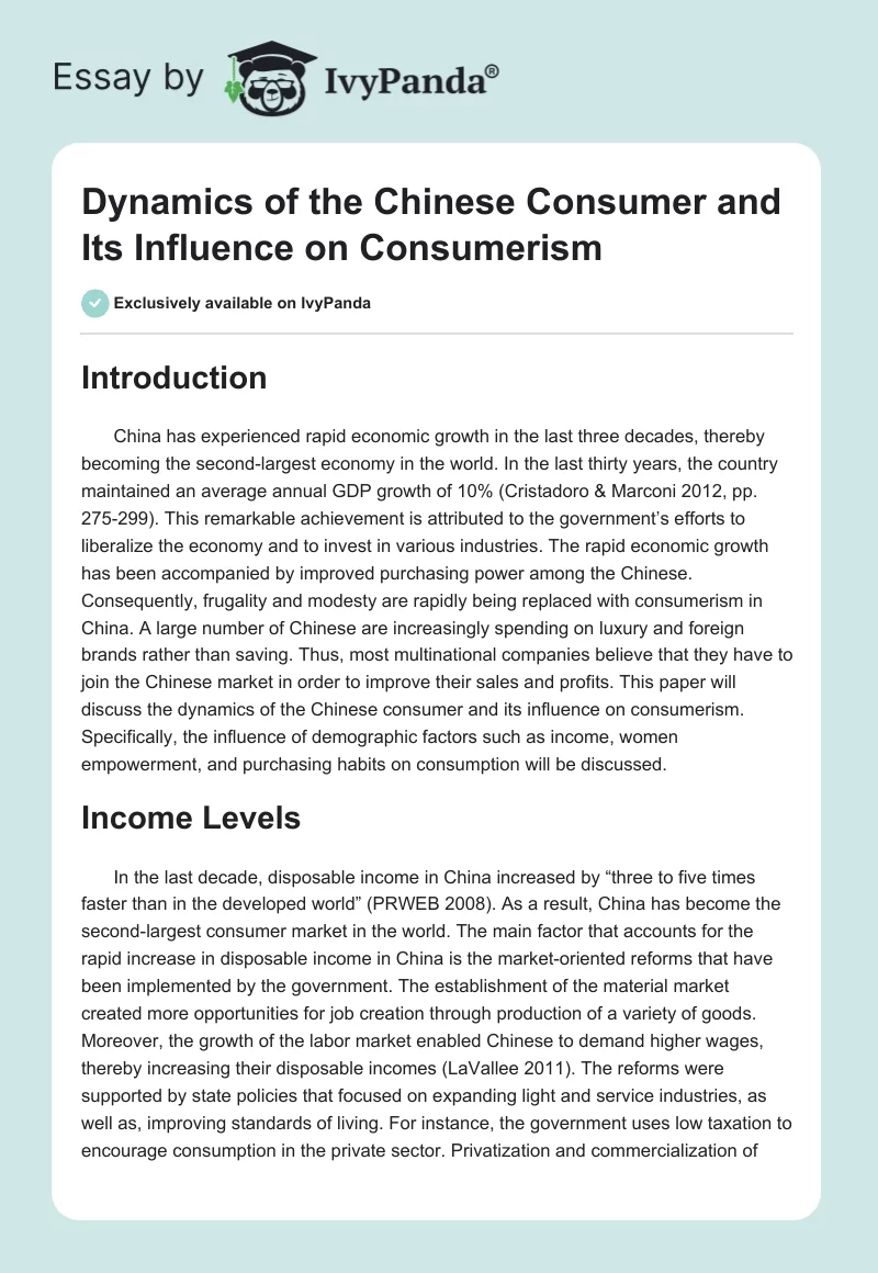 Dynamics of the Chinese Consumer and Its Influence on Consumerism. Page 1