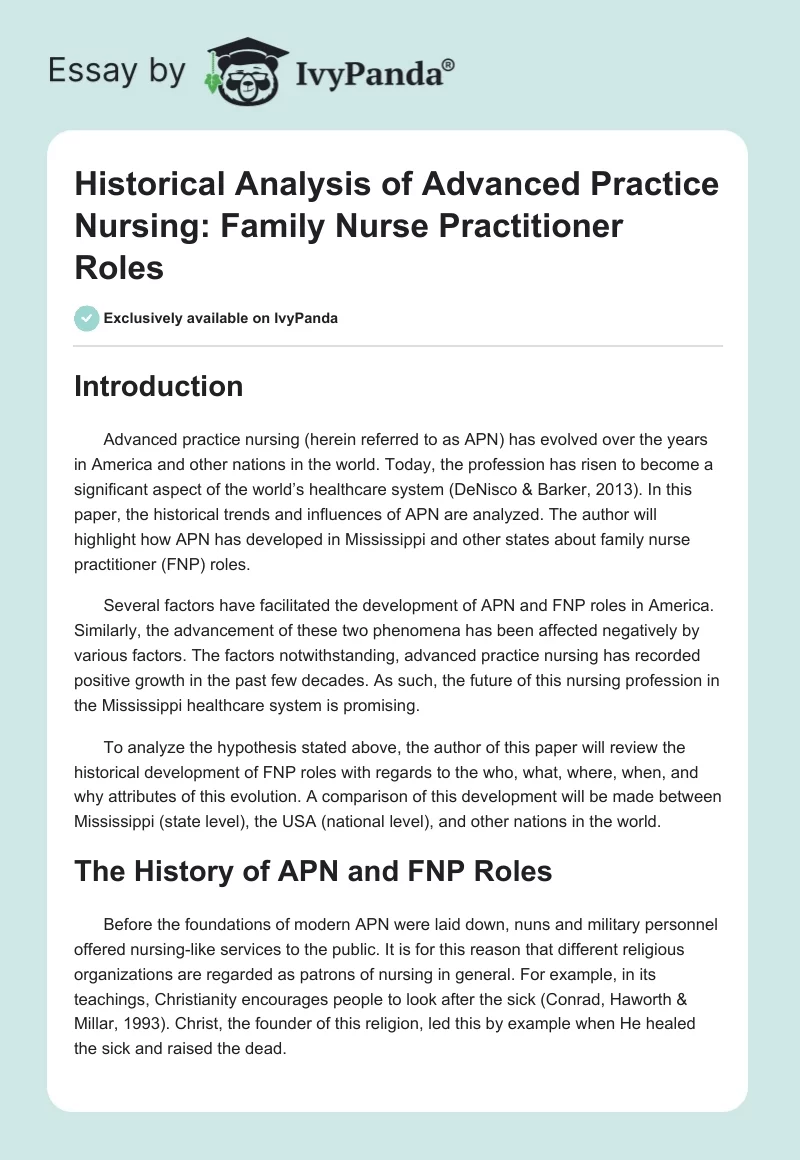 Historical Analysis of Advanced Practice Nursing: Family Nurse Practitioner Roles. Page 1