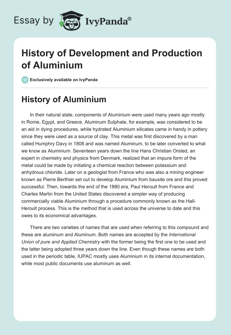 History of Development and Production of Aluminium. Page 1