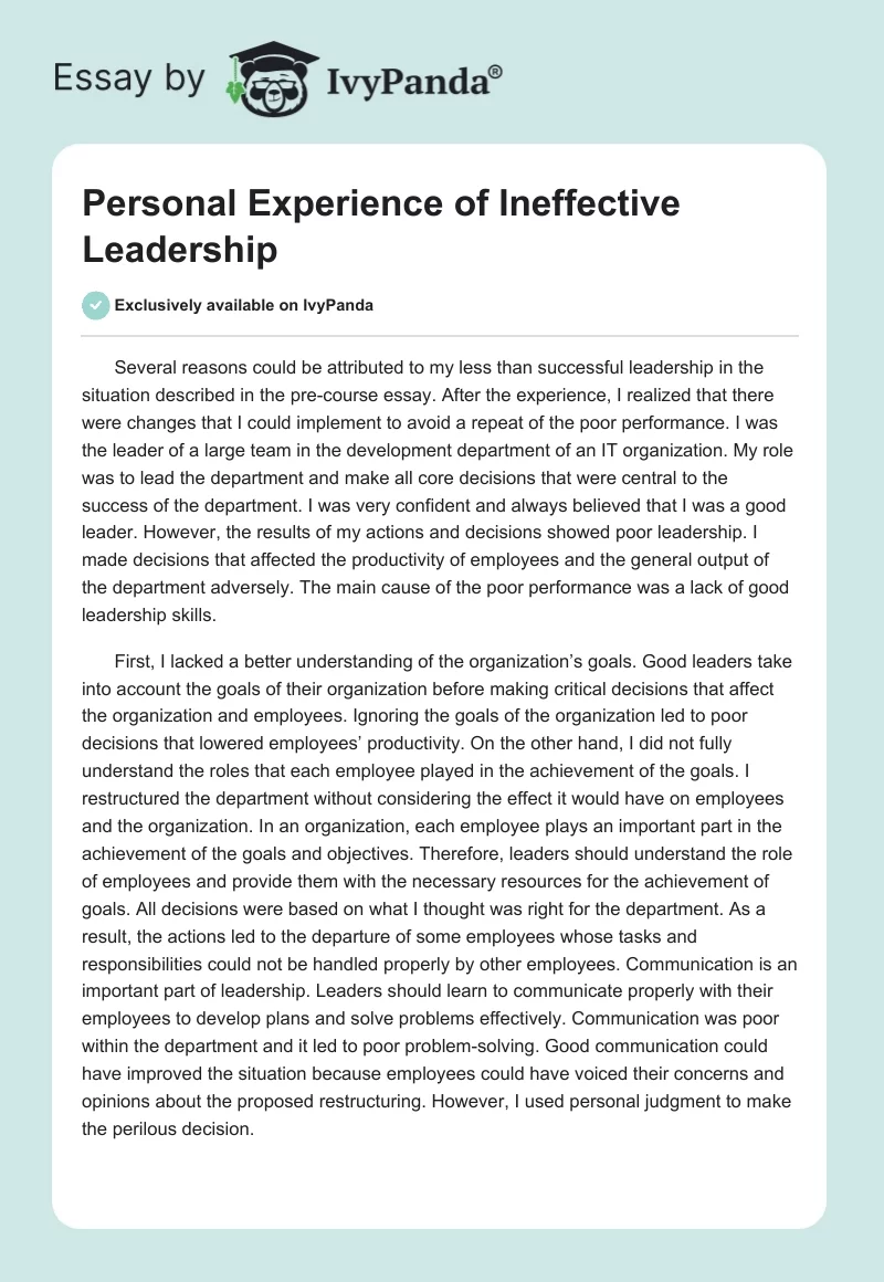 Personal Experience of Ineffective Leadership. Page 1
