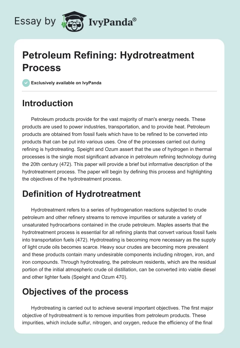 Petroleum Refining: Hydrotreatment Process. Page 1