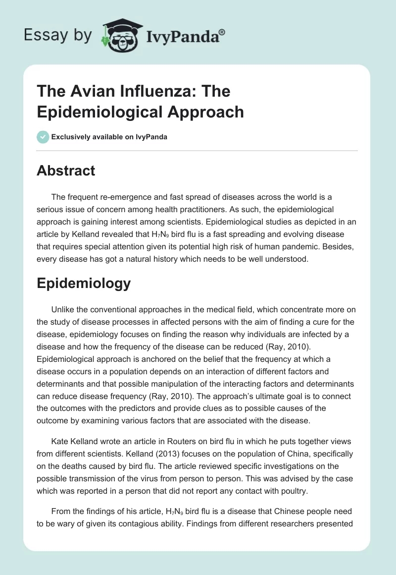 The Avian Influenza: The Epidemiological Approach. Page 1
