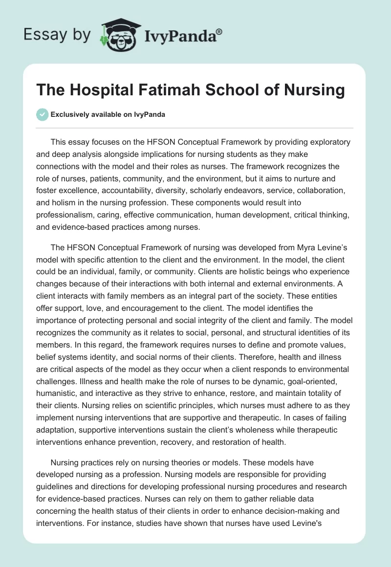 The Hospital Fatimah School of Nursing. Page 1
