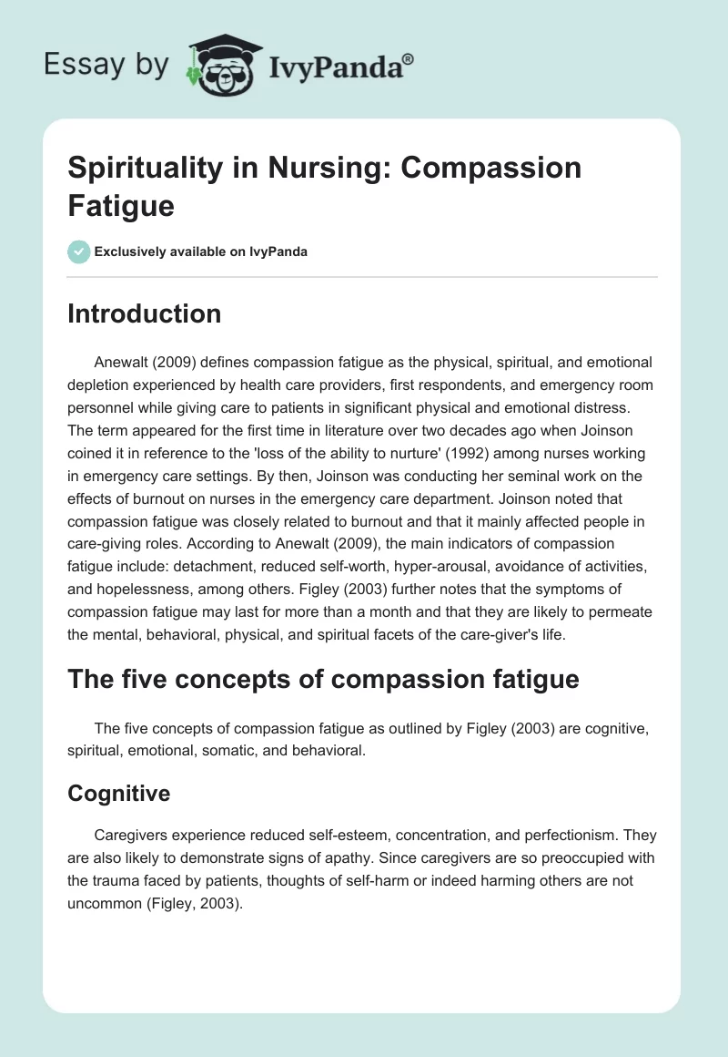 Spirituality in Nursing: Compassion Fatigue. Page 1