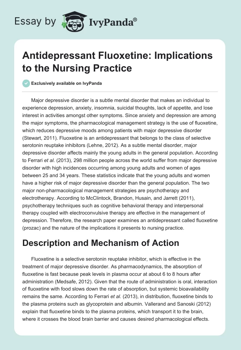 Antidepressant Fluoxetine: Implications to the Nursing Practice. Page 1