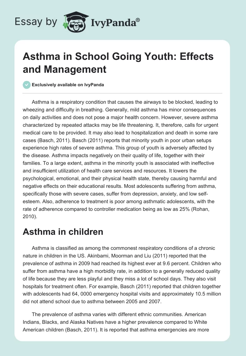 Asthma in School Going Youth: Effects and Management. Page 1