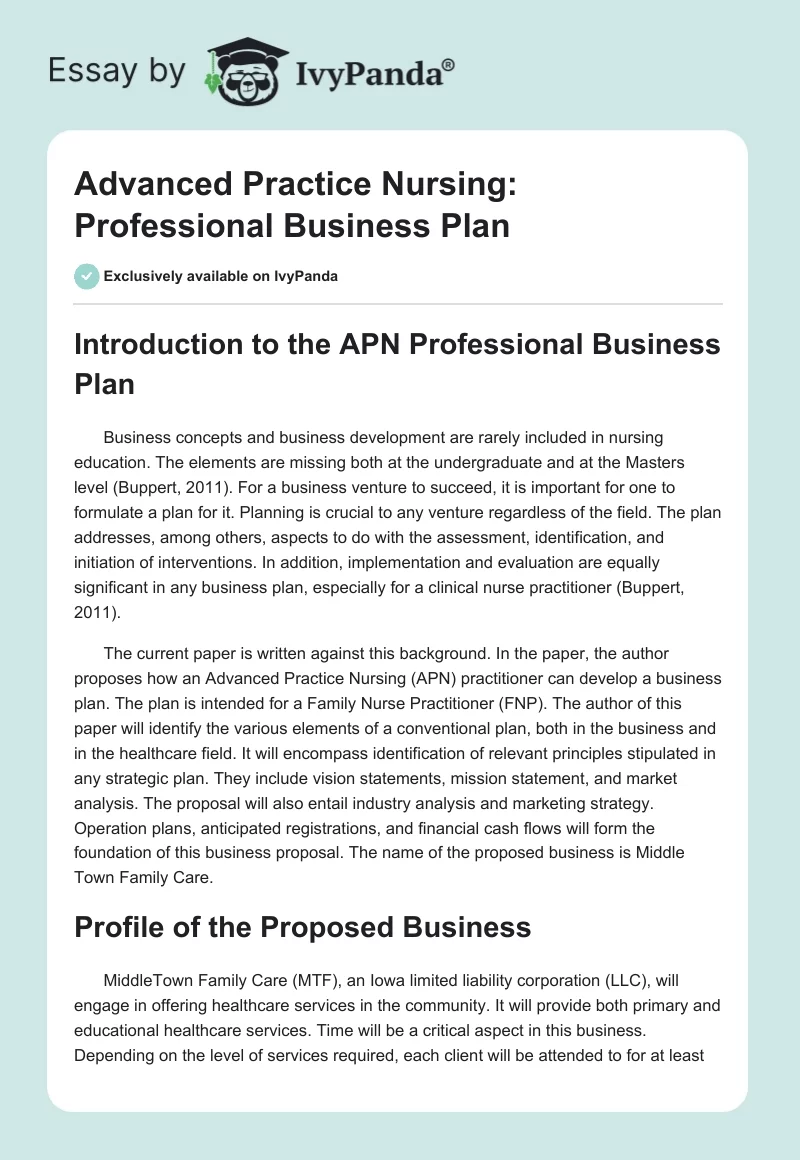 Advanced Practice Nursing: Professional Business Plan. Page 1