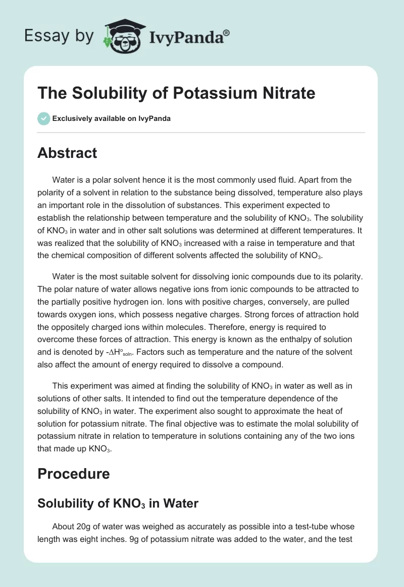 The Solubility of Potassium Nitrate. Page 1