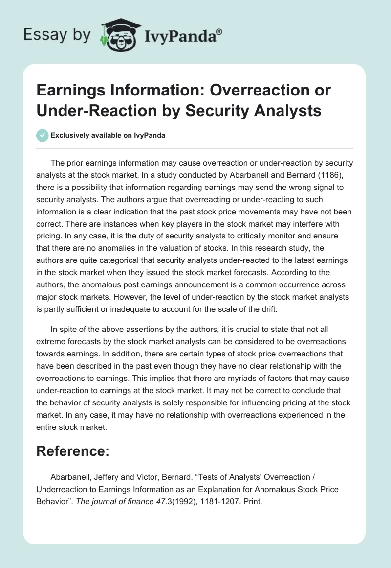 Earnings Information: Overreaction or Under-Reaction by Security Analysts. Page 1