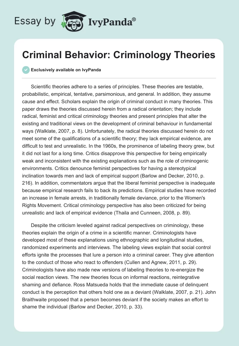 Criminal Behavior: Criminology Theories. Page 1