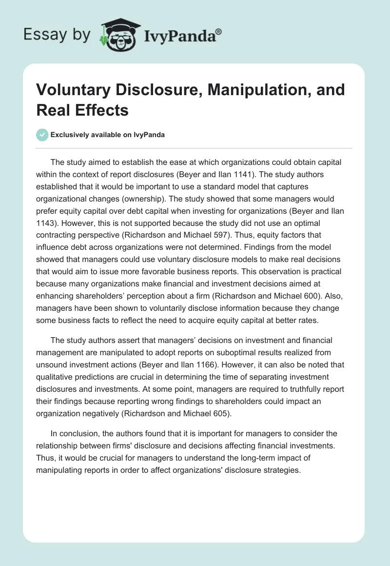 Voluntary Disclosure, Manipulation, and Real Effects. Page 1