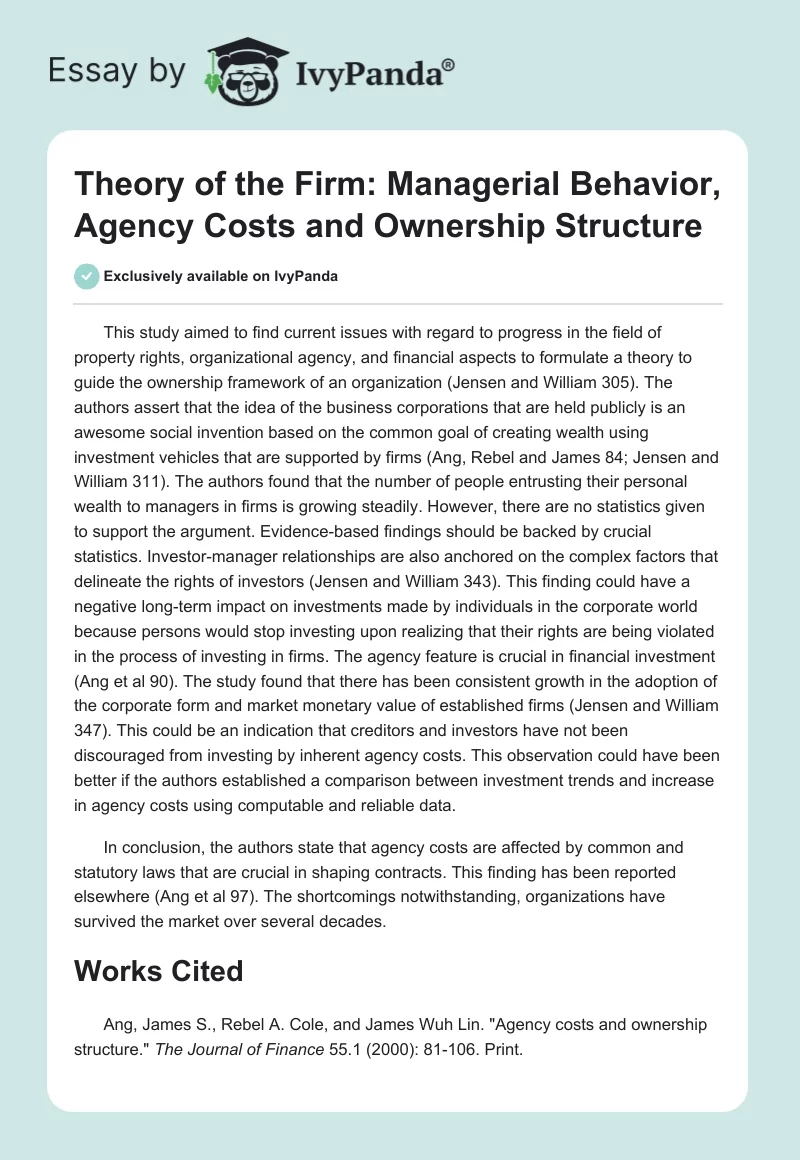 Theory of the Firm: Managerial Behavior, Agency Costs and Ownership Structure. Page 1