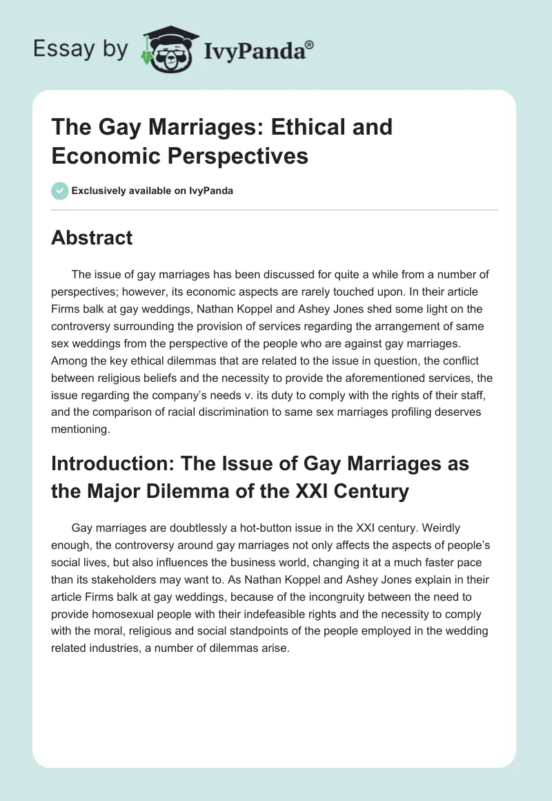 The Gay Marriages: Ethical and Economic Perspectives. Page 1