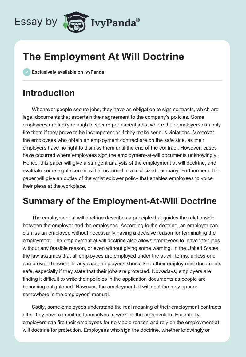 The Employment At Will Doctrine. Page 1
