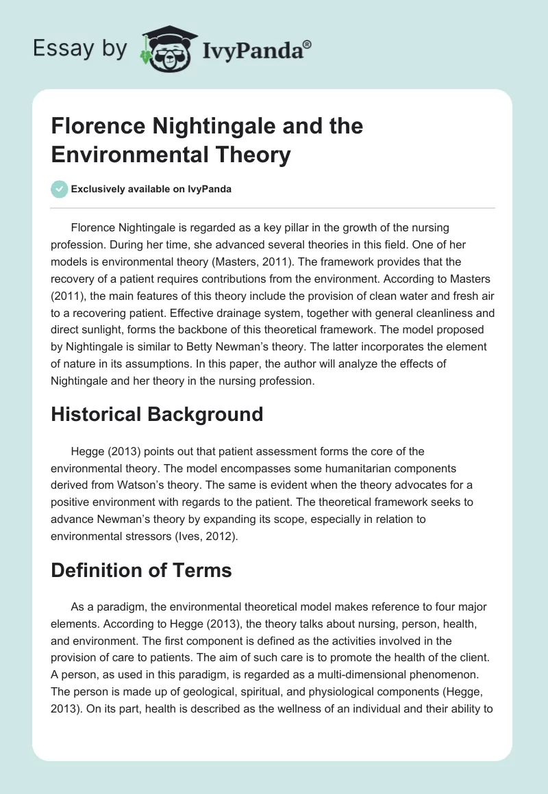 Florence Nightingale and the Environmental Theory. Page 1