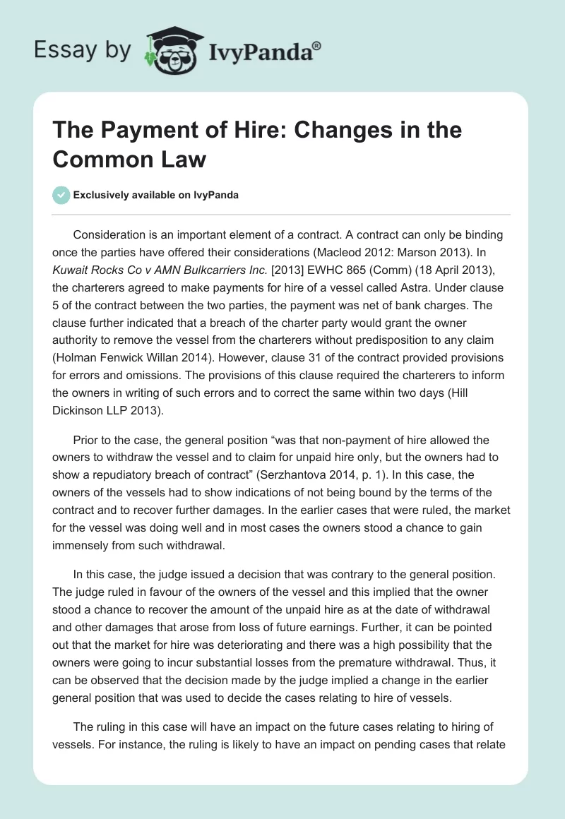 The Payment of Hire: Changes in the Common Law. Page 1