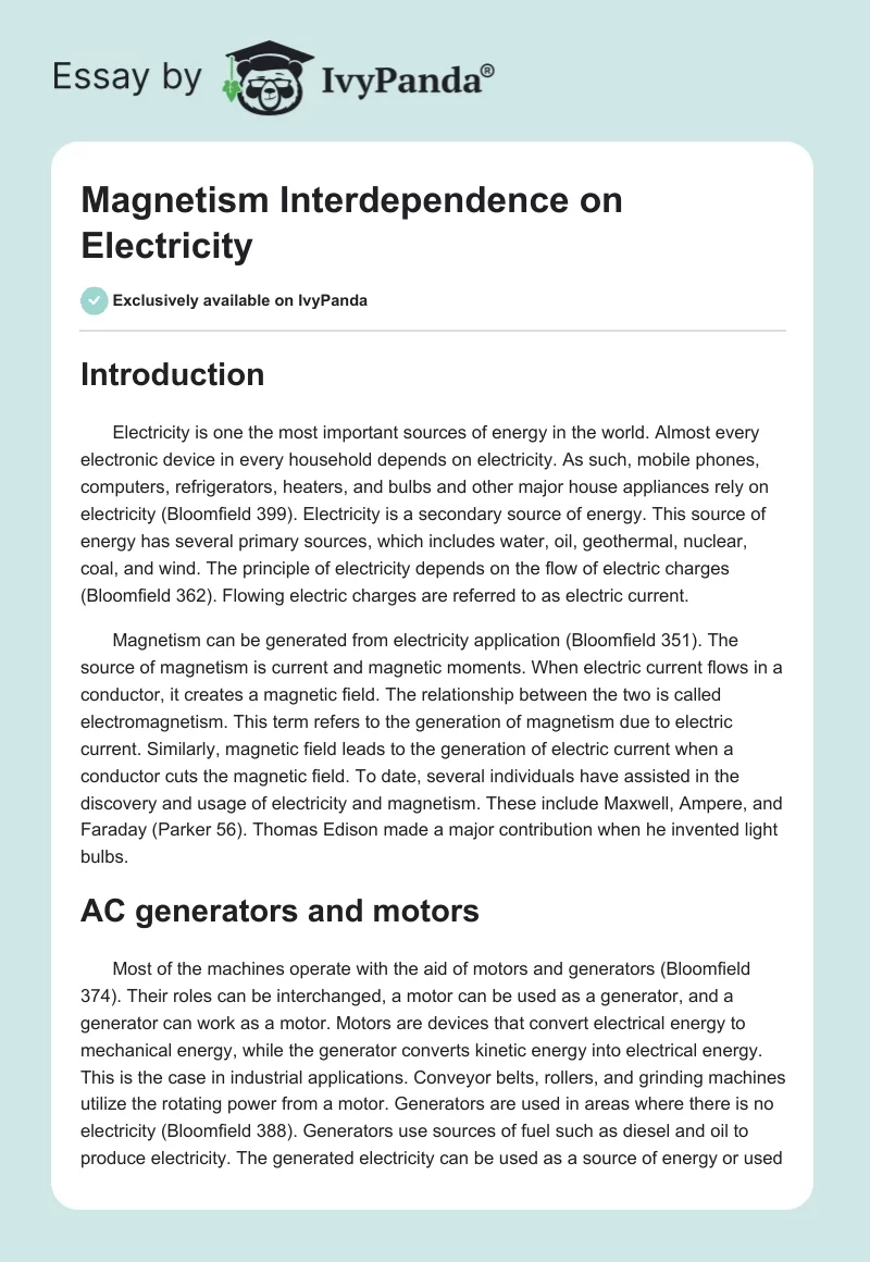 Magnetism Interdependence on Electricity. Page 1