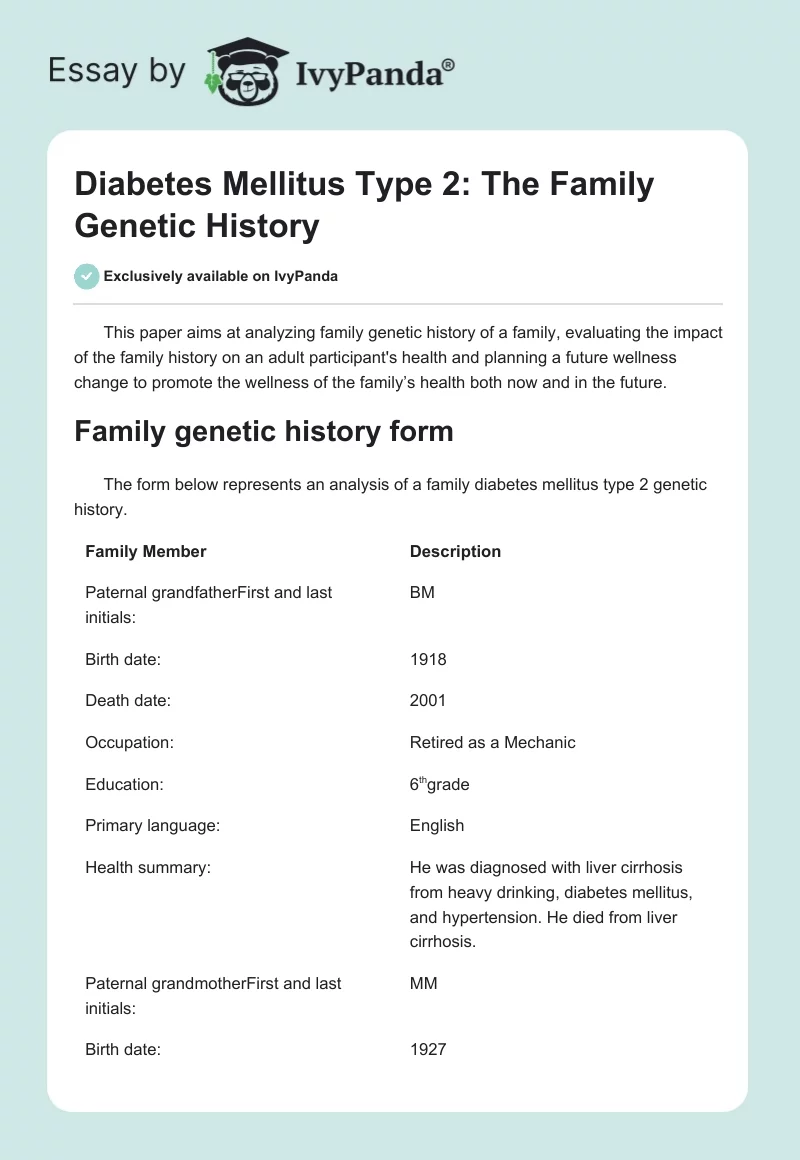 Diabetes Mellitus Type 2: The Family Genetic History. Page 1