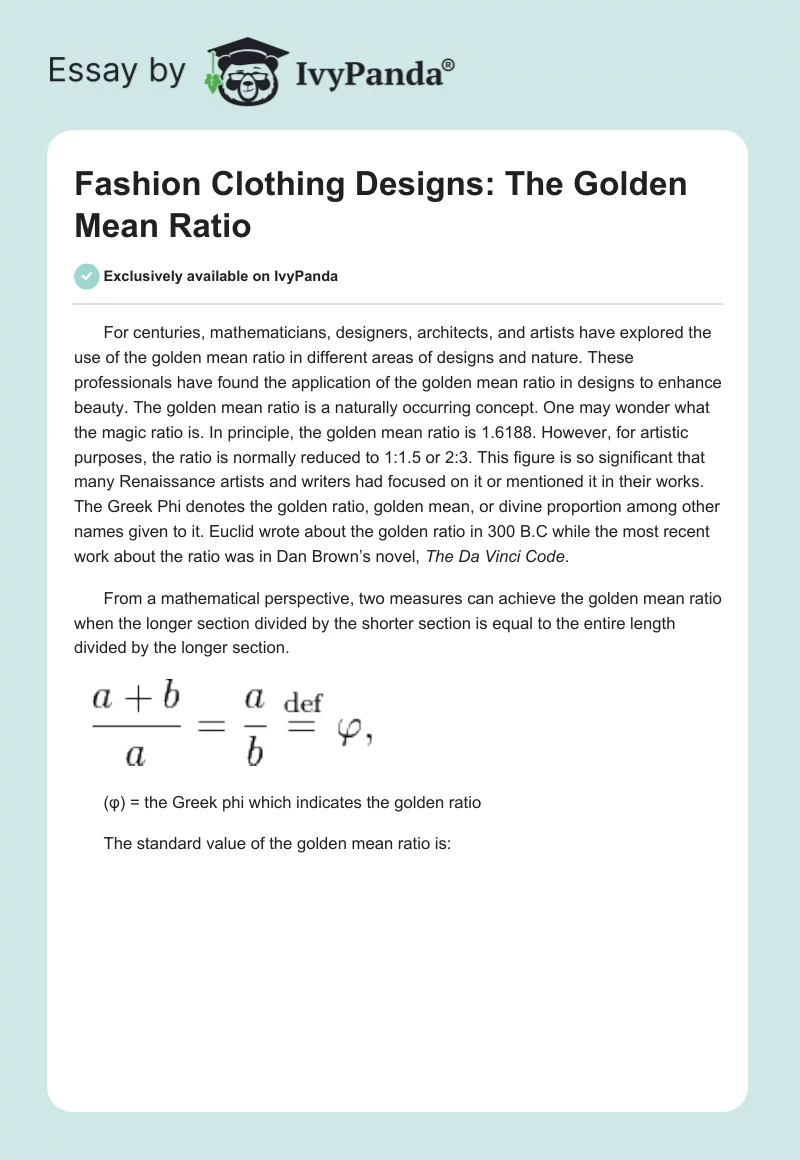 Fashion Clothing Designs: The Golden Mean Ratio. Page 1