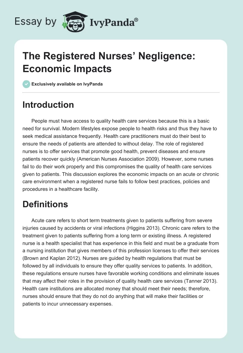 The Registered Nurses’ Negligence: Economic Impacts. Page 1