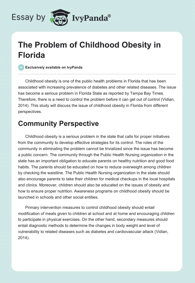The Problem of Childhood Obesity in Florida. Page 1