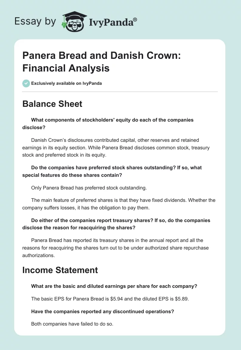 Panera Bread and Danish Crown: Financial Analysis. Page 1