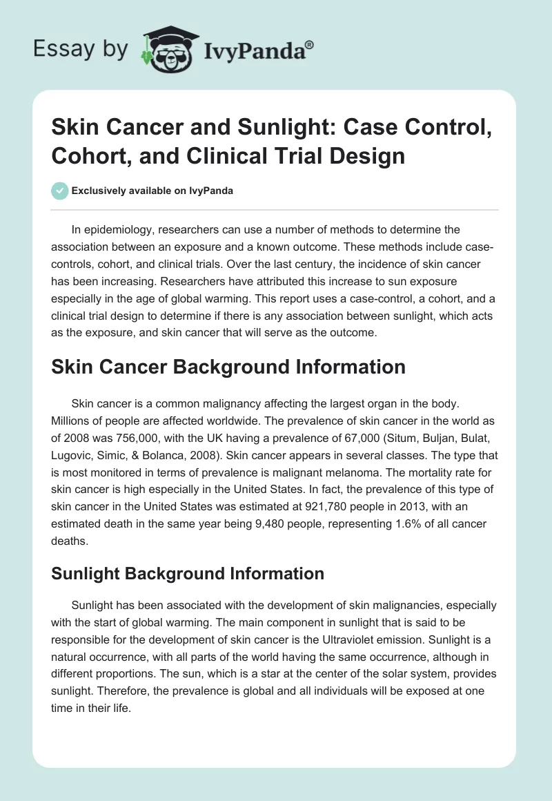 Skin Cancer and Sunlight: Case Control, Cohort, and Clinical Trial Design. Page 1