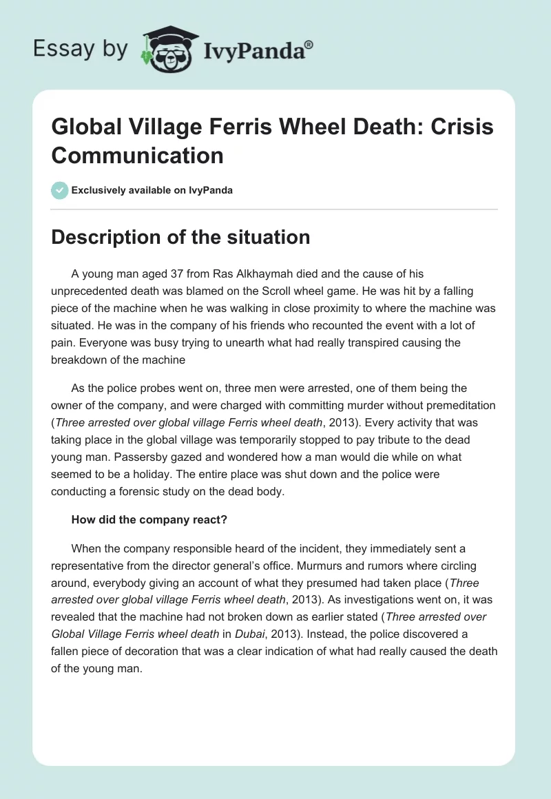 Global Village Ferris Wheel Death: Crisis Communication. Page 1