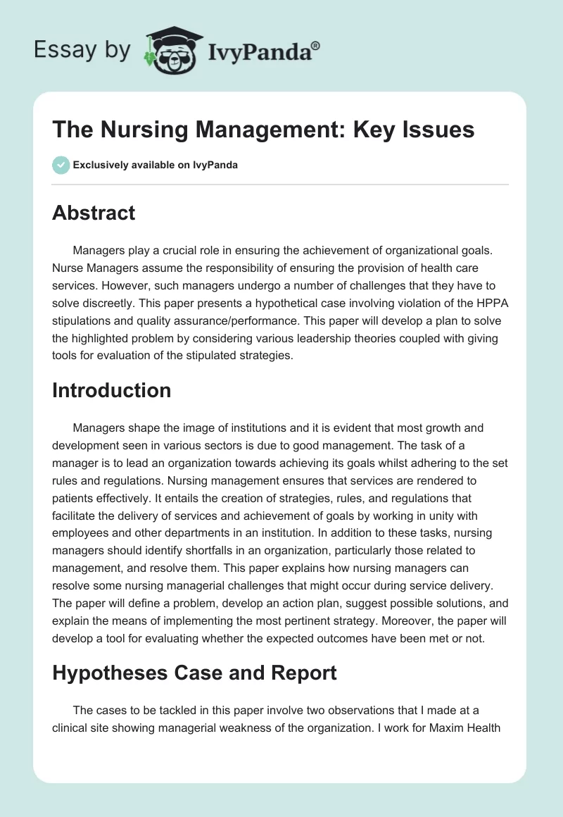 The Nursing Management: Key Issues. Page 1