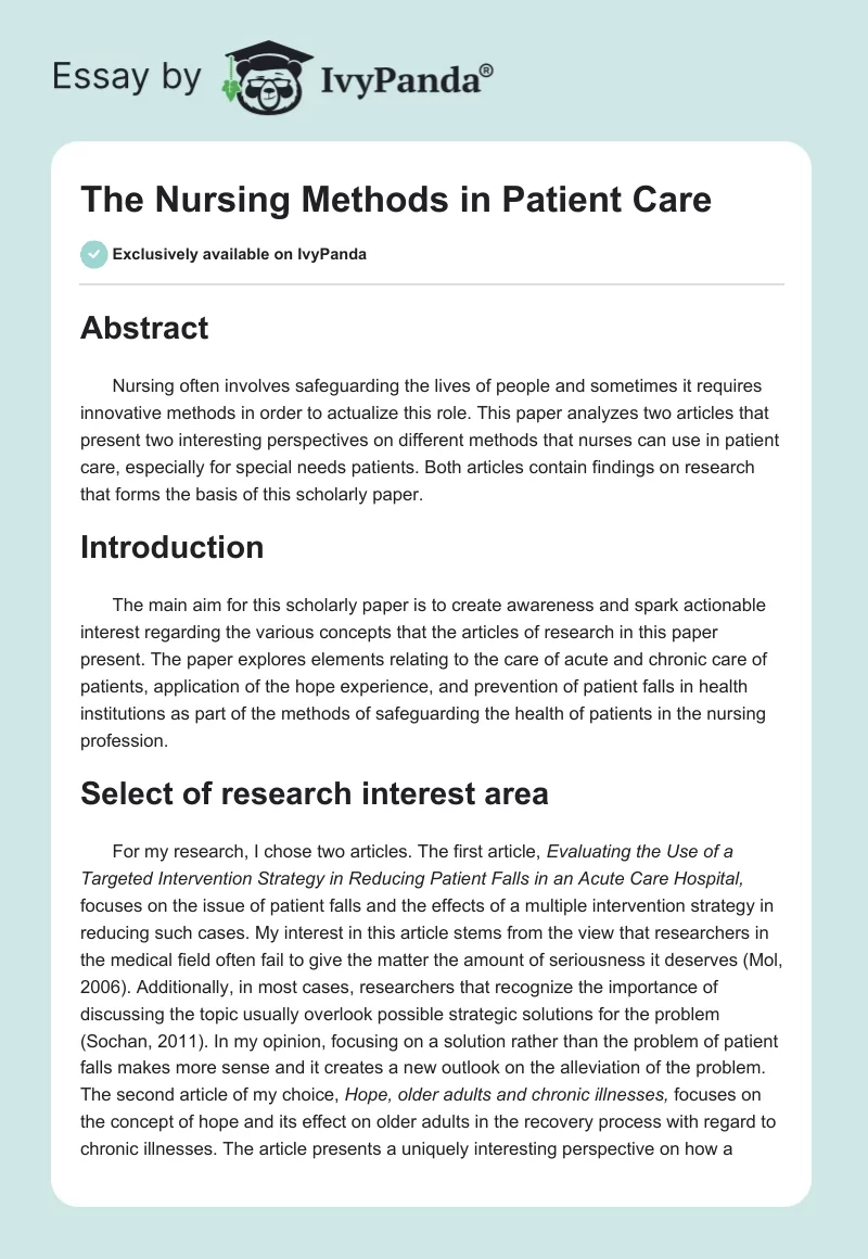 The Nursing Methods in Patient Care. Page 1