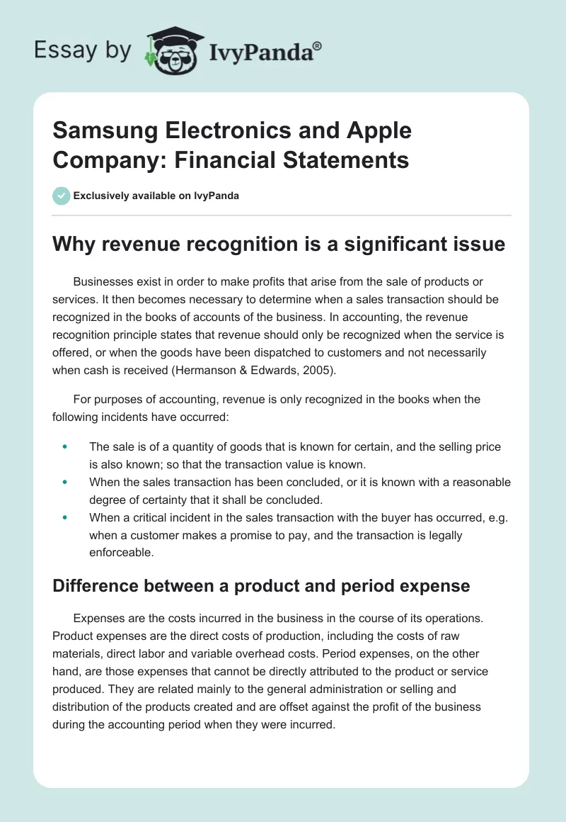 Samsung Electronics and Apple Company: Financial Statements. Page 1