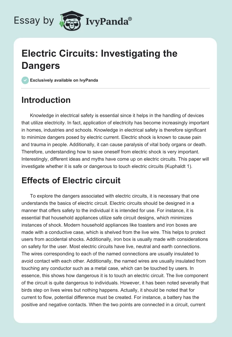 Electric Circuits: Investigating the Dangers. Page 1