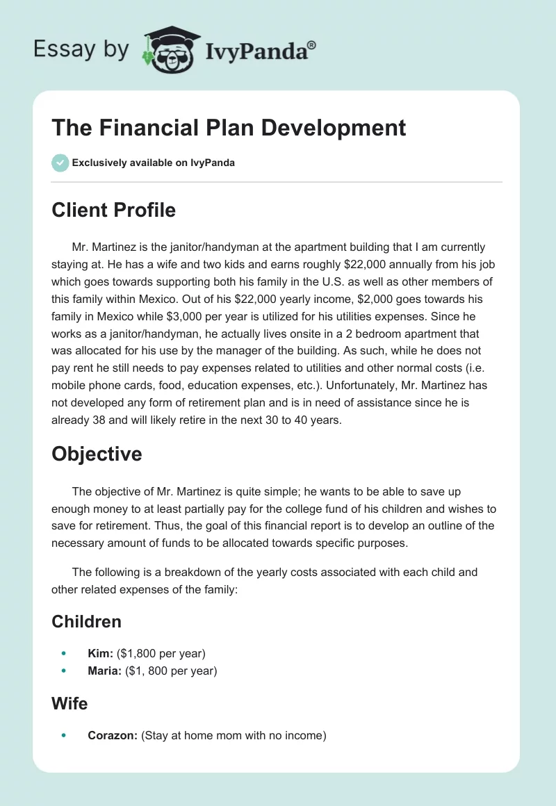 The Financial Plan Development. Page 1