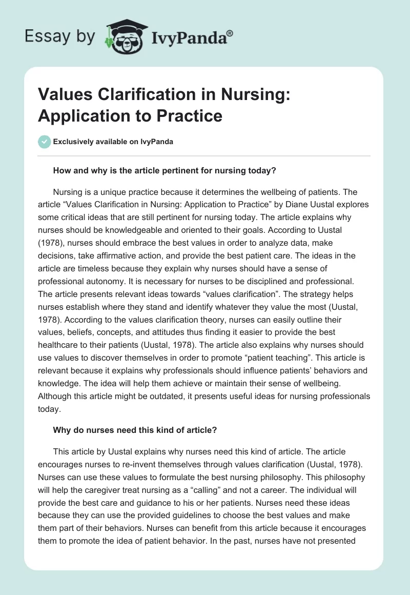 Values Clarification in Nursing: Application to Practice. Page 1