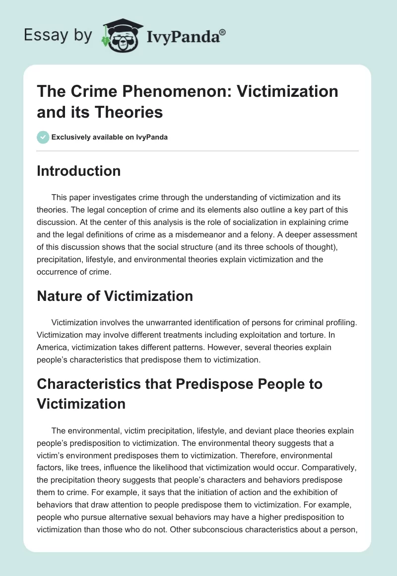 The Crime Phenomenon: Victimization and Its Theories. Page 1