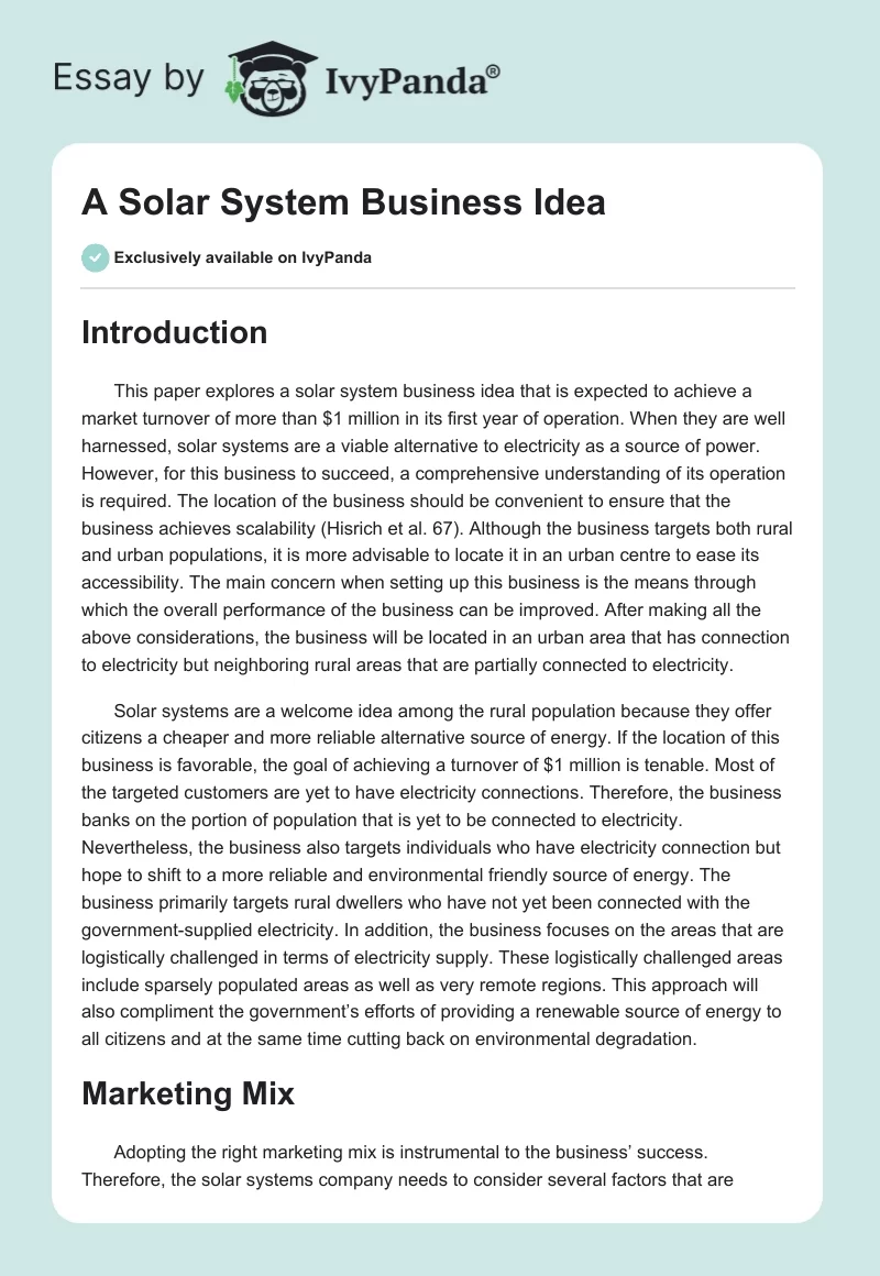 A Solar System Business Idea. Page 1