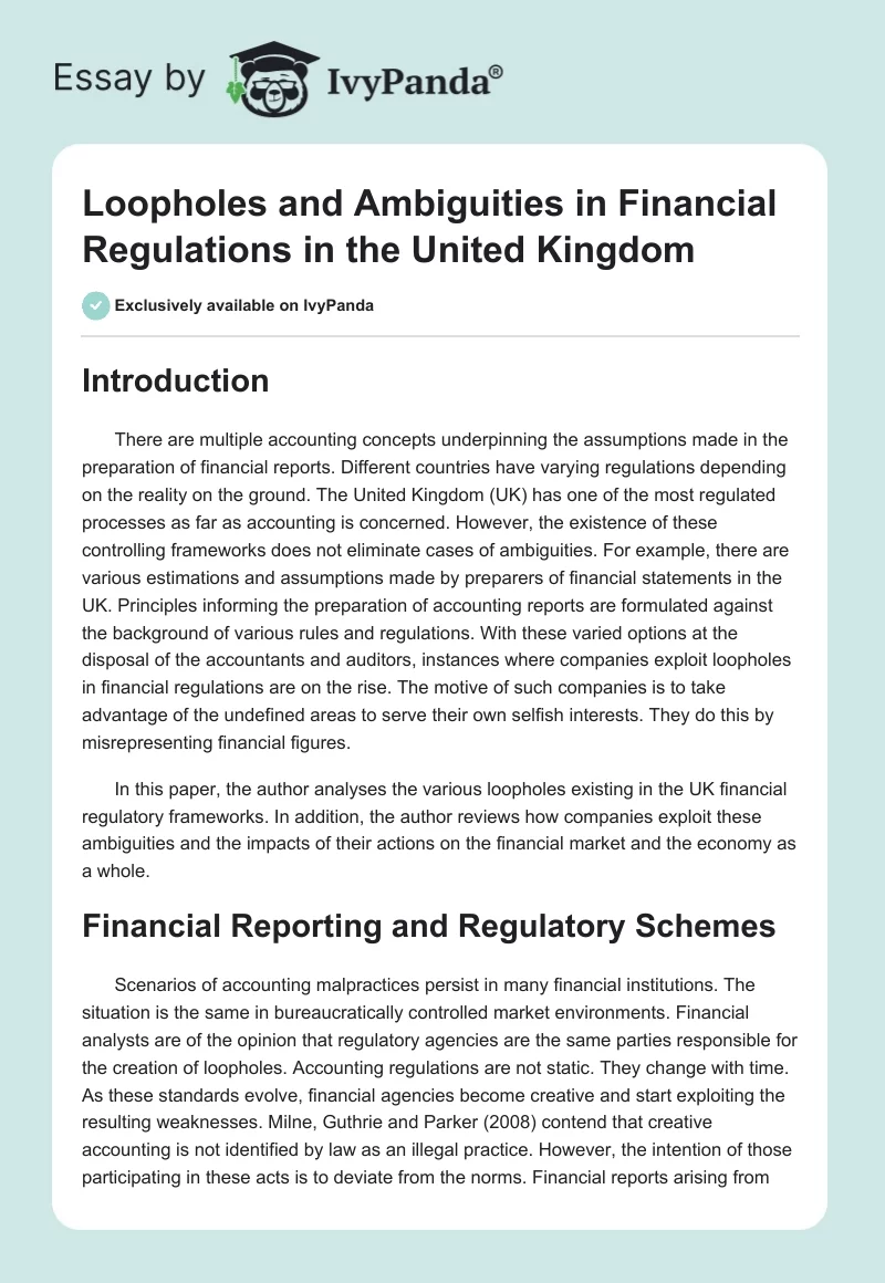 Loopholes and Ambiguities in Financial Regulations in the United Kingdom. Page 1