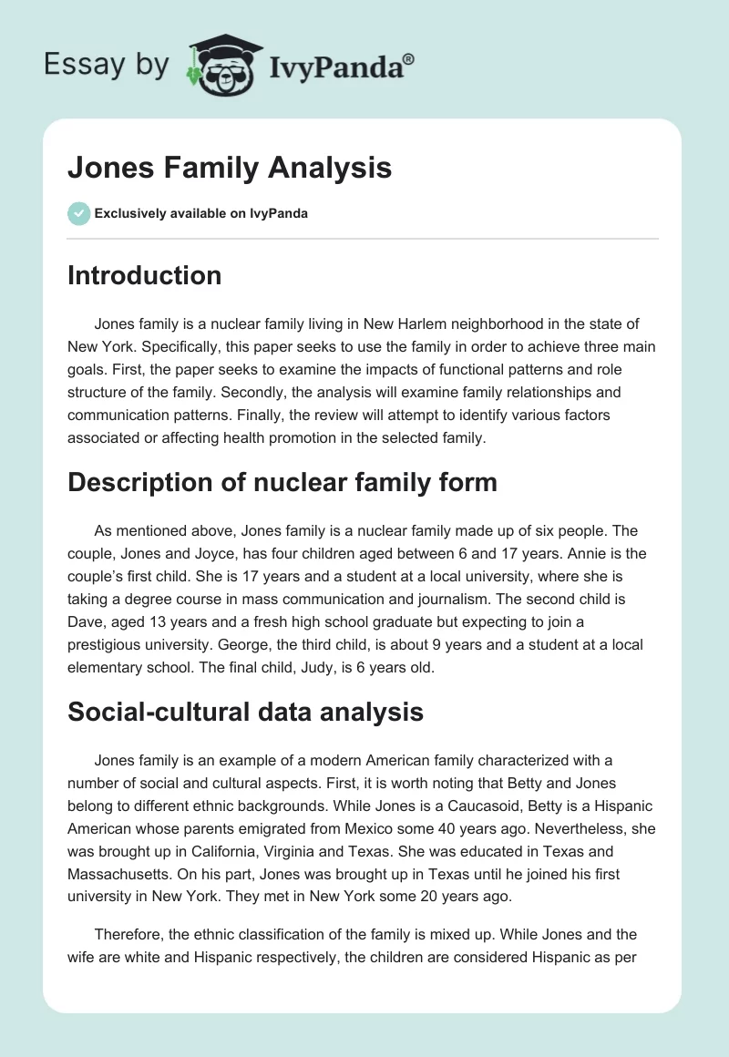Jones Family Analysis. Page 1
