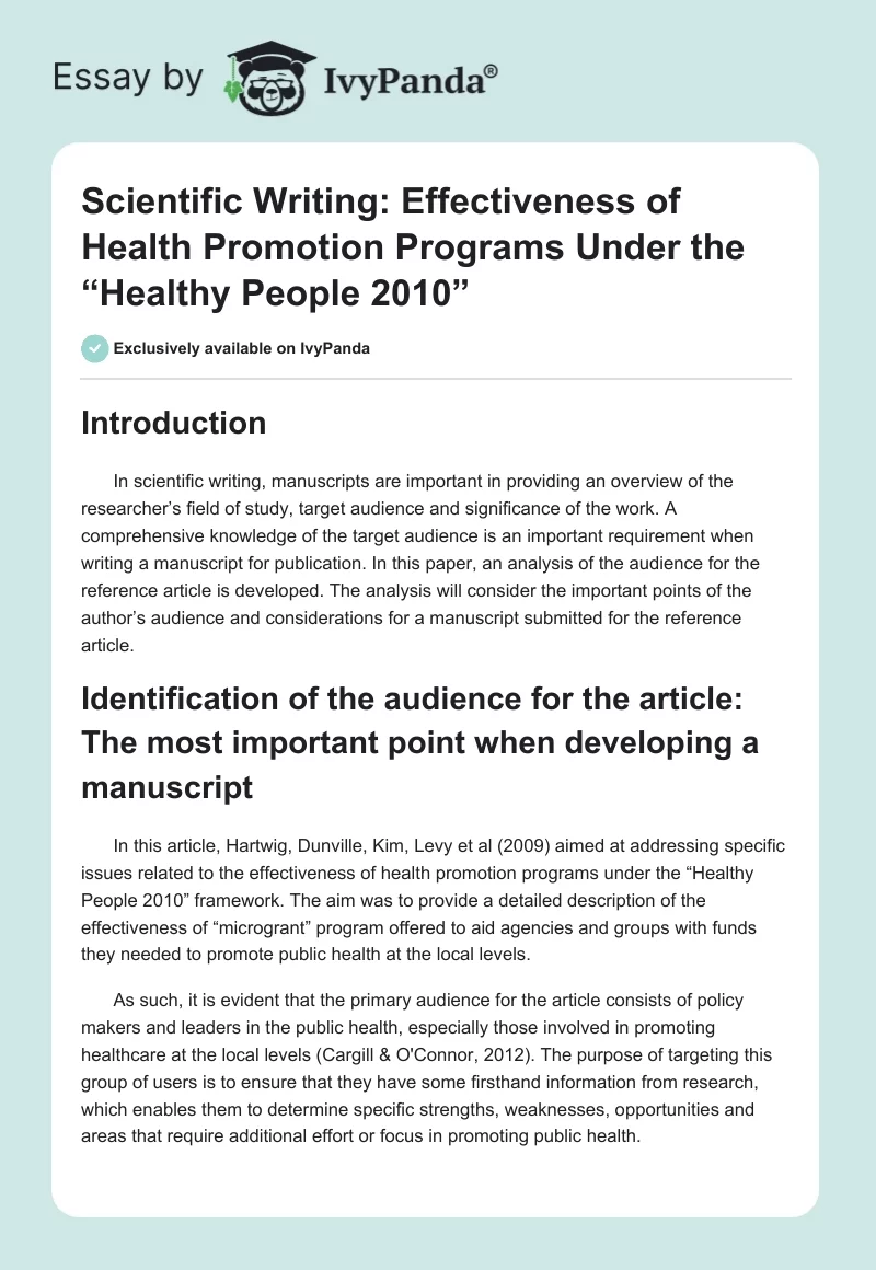 Scientific Writing: Effectiveness of Health Promotion Programs Under the “Healthy People 2010”. Page 1