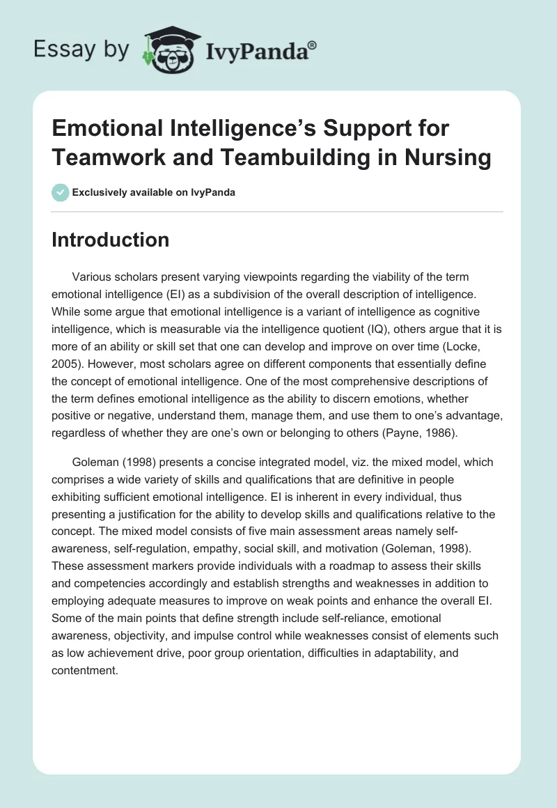 Emotional Intelligence’s Support for Teamwork and Teambuilding in Nursing. Page 1