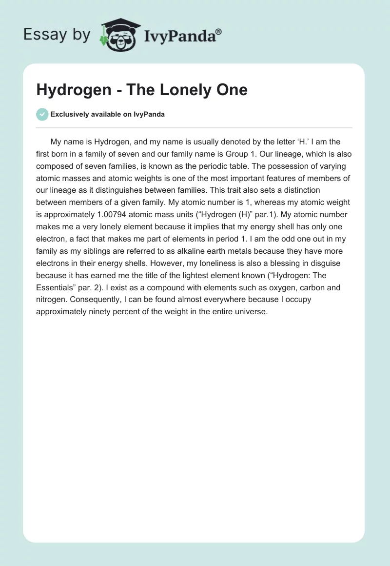 Hydrogen - The Lonely One. Page 1